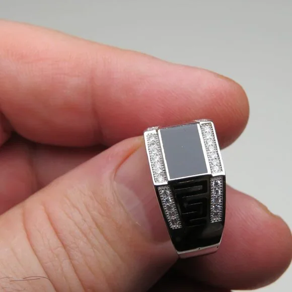 *925 Sterling Silver Diamond & Onyx Men's Ring